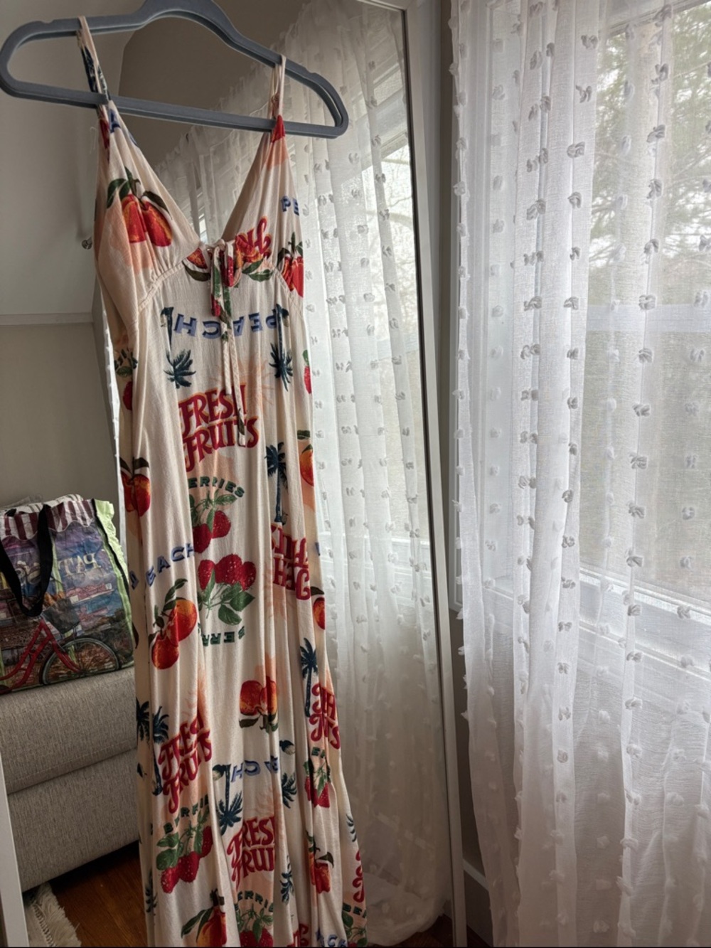 Cream Fruit-Print Spaghetti-Strap Maxi Dress